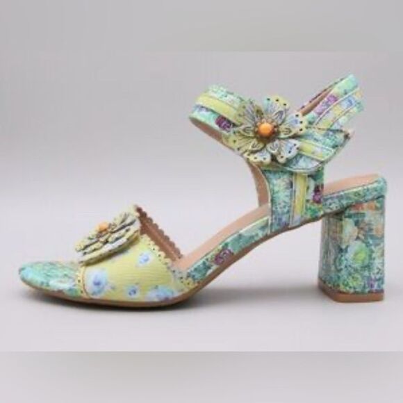 L'Artiste Voguesh Multicolor Floral Block Heel Sandals Spring EU 39 US 8.5 BOHO - Picture 1 of 8
